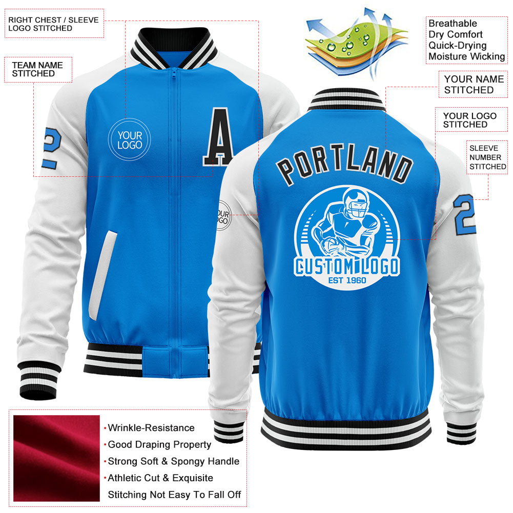 Custom Powder Blue Black-White Bomber Varsity Letterman Two Tone Zipper Jacket