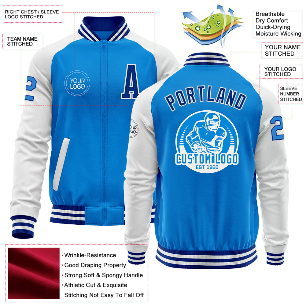 Custom Powder Blue Royal-White Bomber Varsity Letterman Two Tone Zipper Jacket