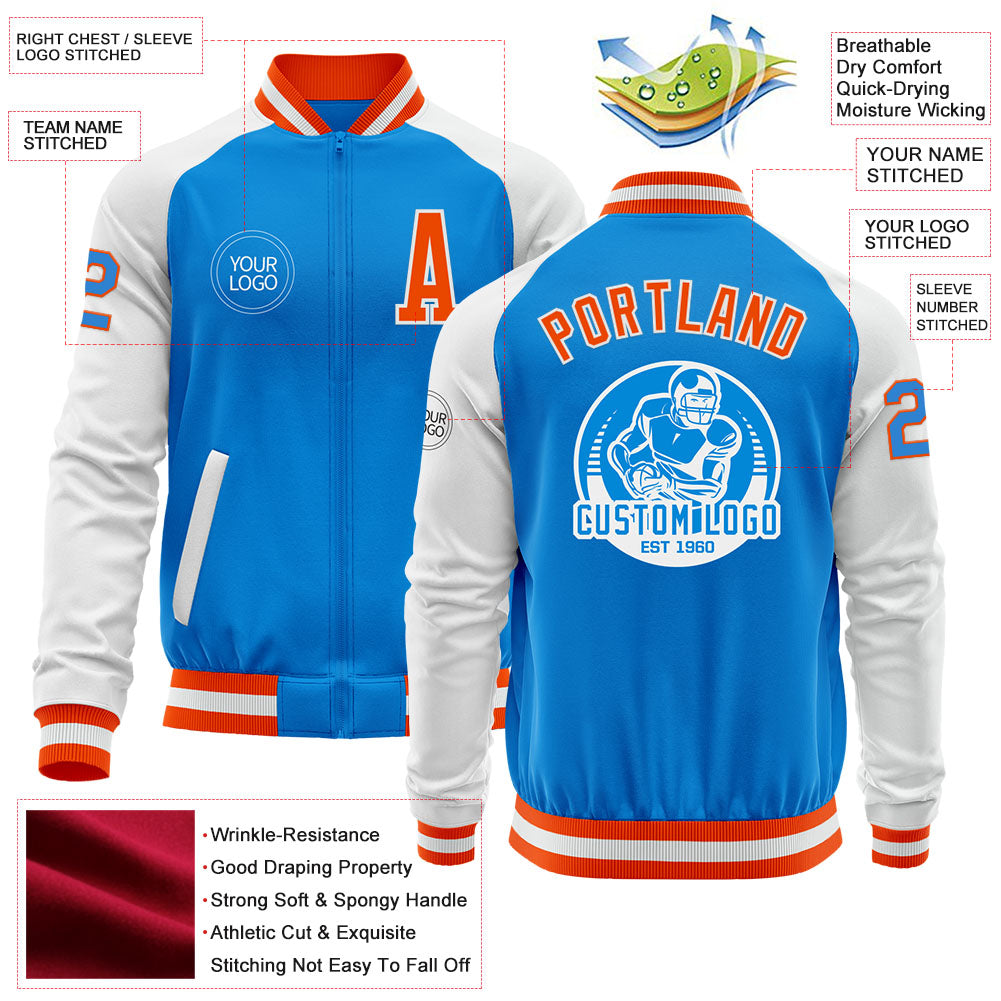 Custom Powder Blue Orange-White Bomber Varsity Letterman Two Tone Zipper Jacket