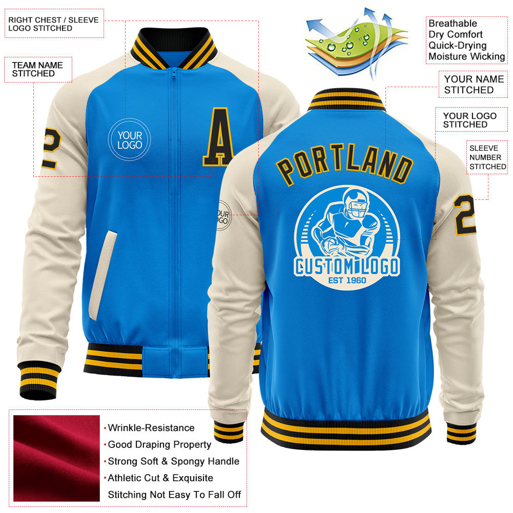 Custom Powder Blue Black Gold-Cream Bomber Varsity Letterman Two Tone Zipper Jacket