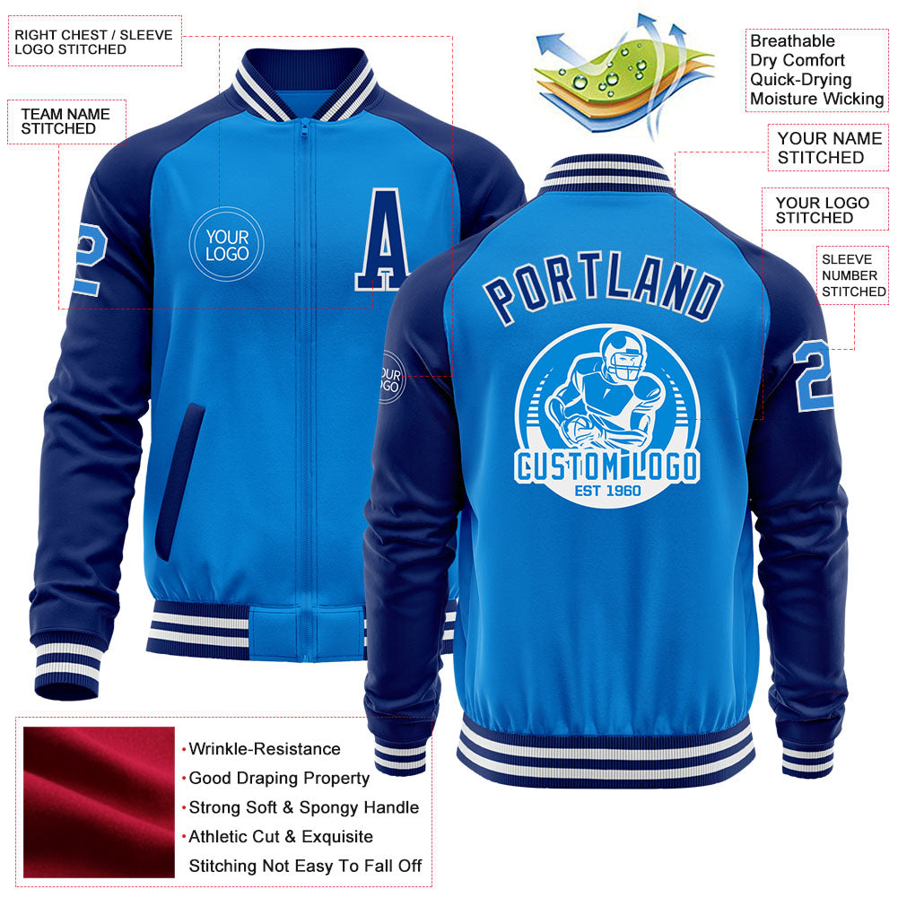 Custom Powder Blue White-Royal Bomber Varsity Letterman Two Tone Zipper Jacket