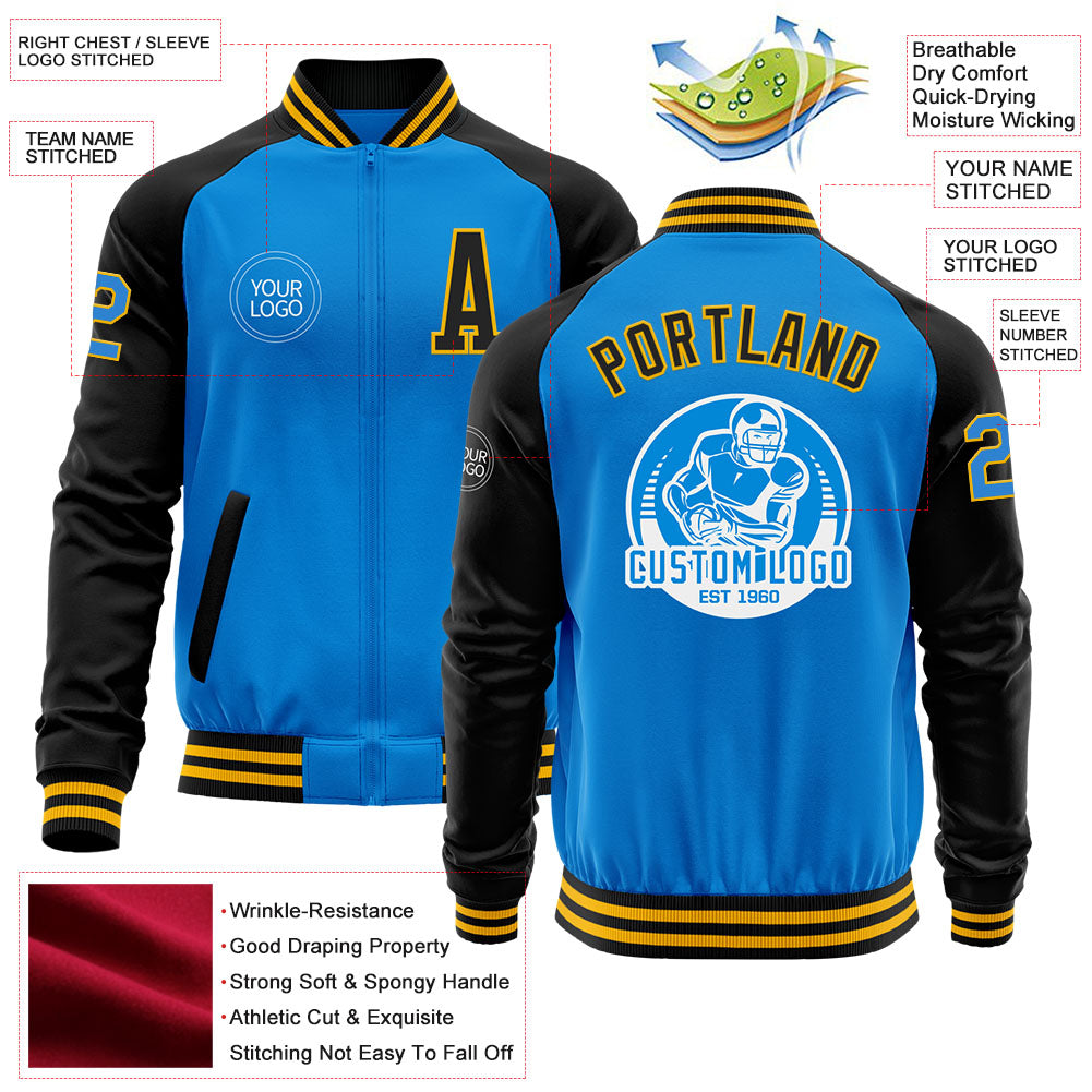 Custom Powder Blue Gold-Black Bomber Varsity Letterman Two Tone Zipper Jacket