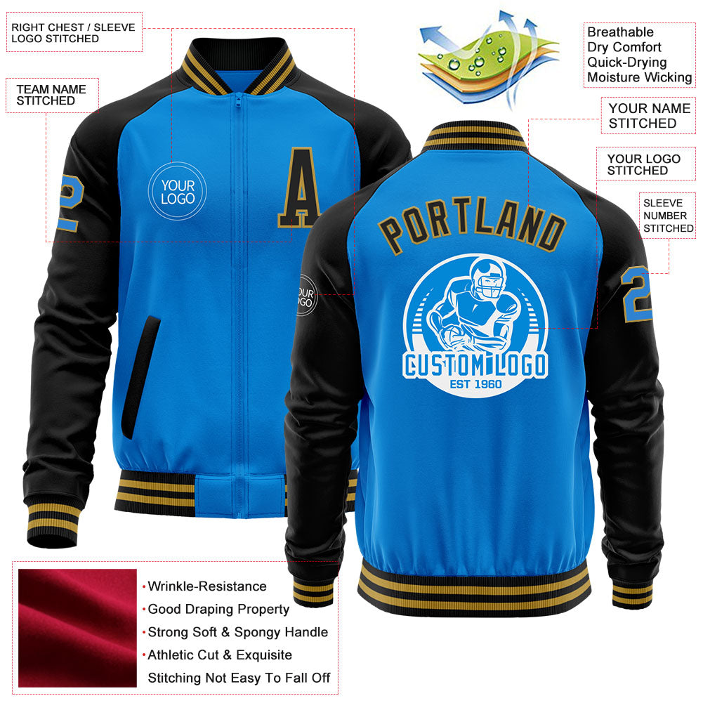 Custom Powder Blue Old Gold-Black Bomber Varsity Letterman Two Tone Zipper Jacket