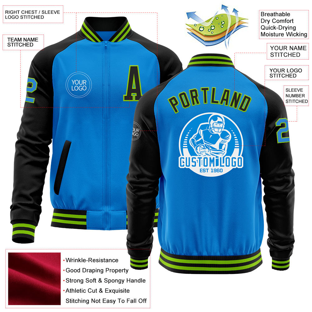 Custom Powder Blue Neon Green-Black Bomber Varsity Letterman Two Tone Zipper Jacket