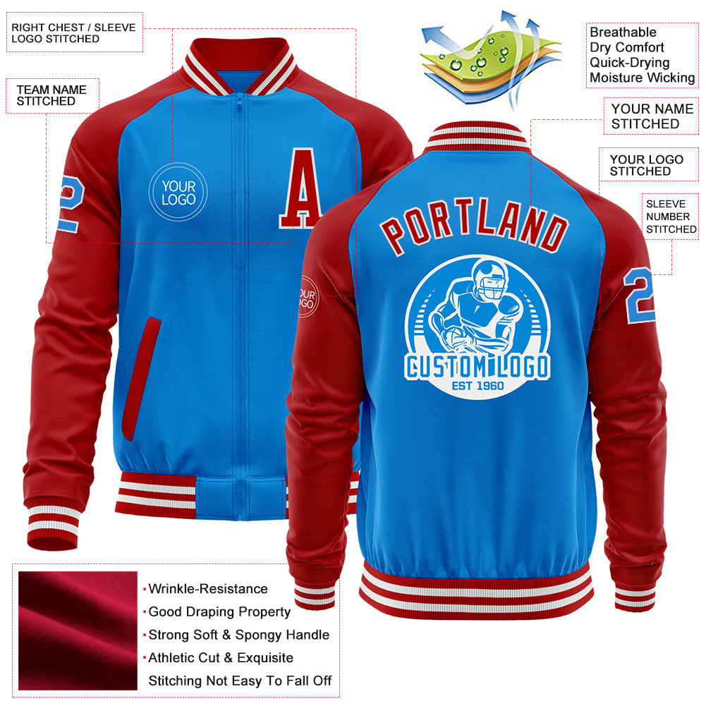 Custom Powder Blue White-Red Bomber Varsity Letterman Two Tone Zipper Jacket