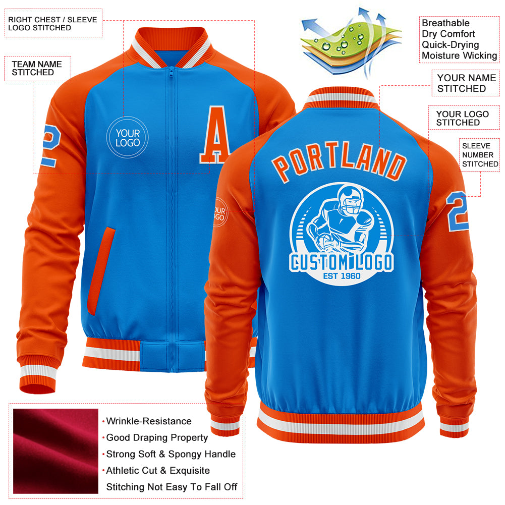 Custom Powder Blue White-Orange Bomber Varsity Letterman Two Tone Zipper Jacket