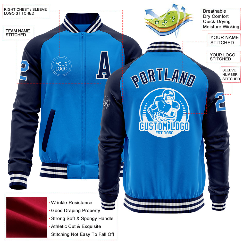 Custom Powder Blue White-Navy Bomber Varsity Letterman Two Tone Zipper Jacket