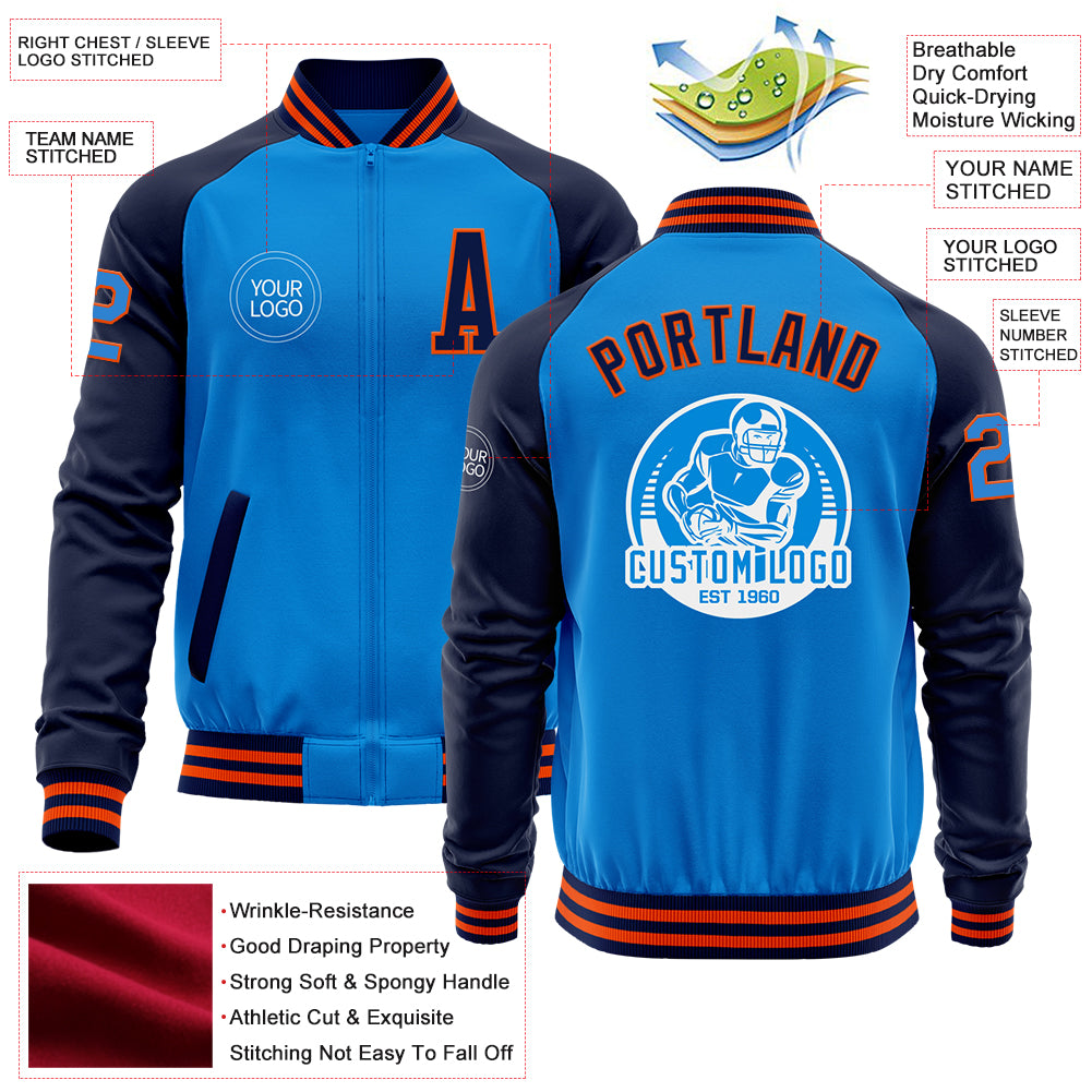 Custom Powder Blue Orange-Navy Bomber Varsity Letterman Two Tone Zipper Jacket