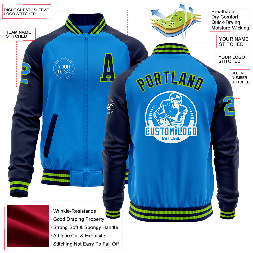 Custom Powder Blue Neon Green-Navy Bomber Varsity Letterman Two Tone Zipper Jacket