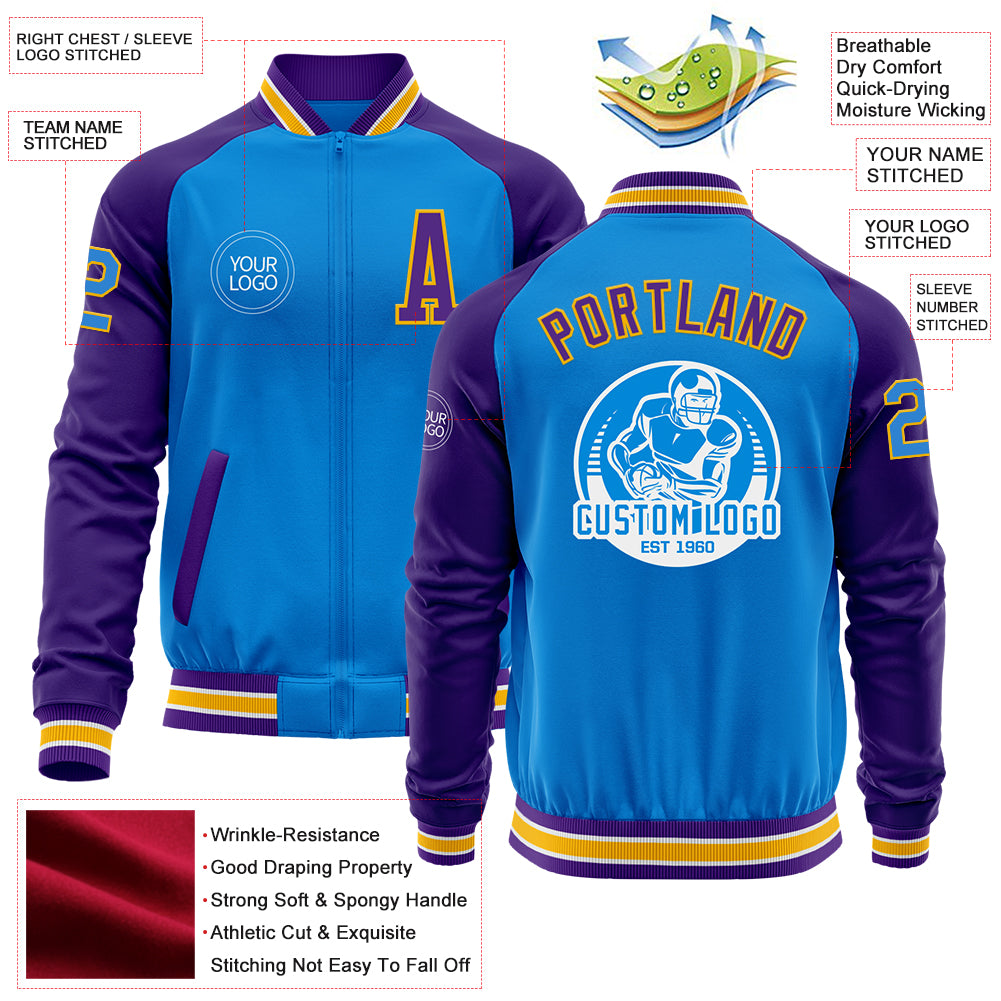 Custom Powder Blue Gold-Purple Bomber Varsity Letterman Two Tone Zipper Jacket