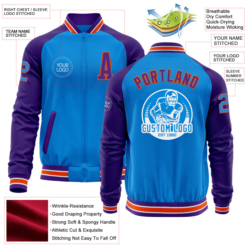 Custom Powder Blue Orange-Purple Bomber Varsity Letterman Two Tone Zipper Jacket