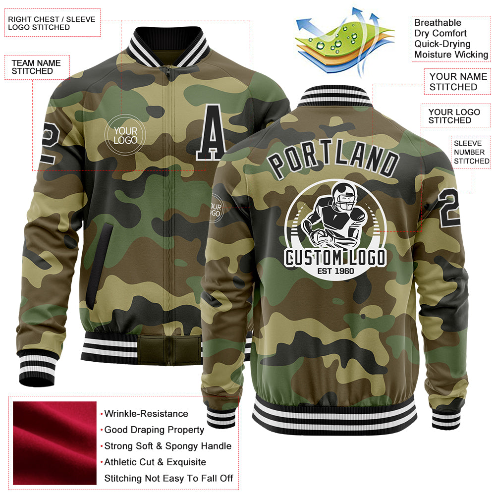 Custom Camo Black-White Bomber Varsity Letterman Salute To Service Zipper Jacket