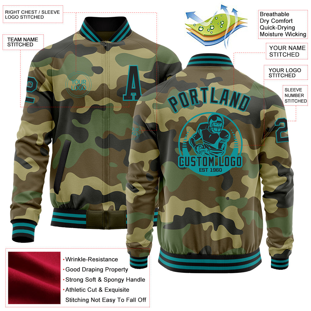 Custom Camo Black-Teal Bomber Varsity Letterman Salute To Service Zipper Jacket