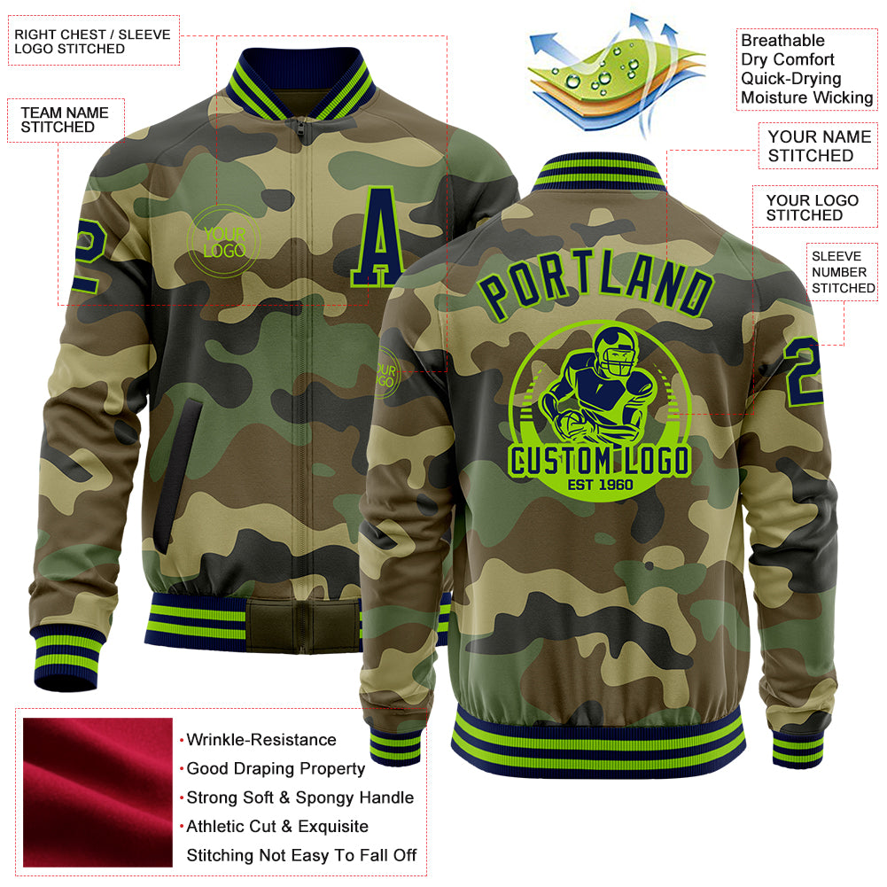 Custom Camo Navy-Neon Green Bomber Varsity Letterman Salute To Service Zipper Jacket