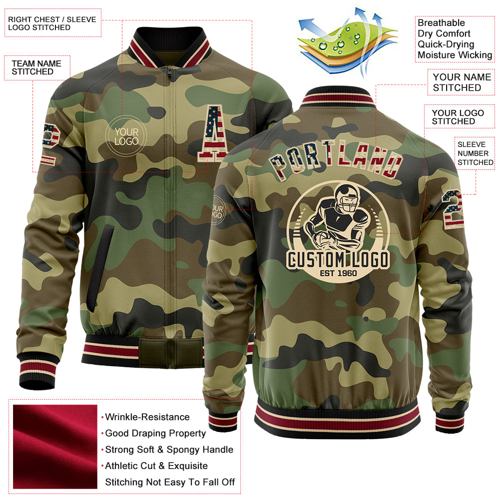 Custom Camo Vintage USA Flag City Cream Crimson-Black Bomber Varsity Letterman Salute To Service Zipper Jacket