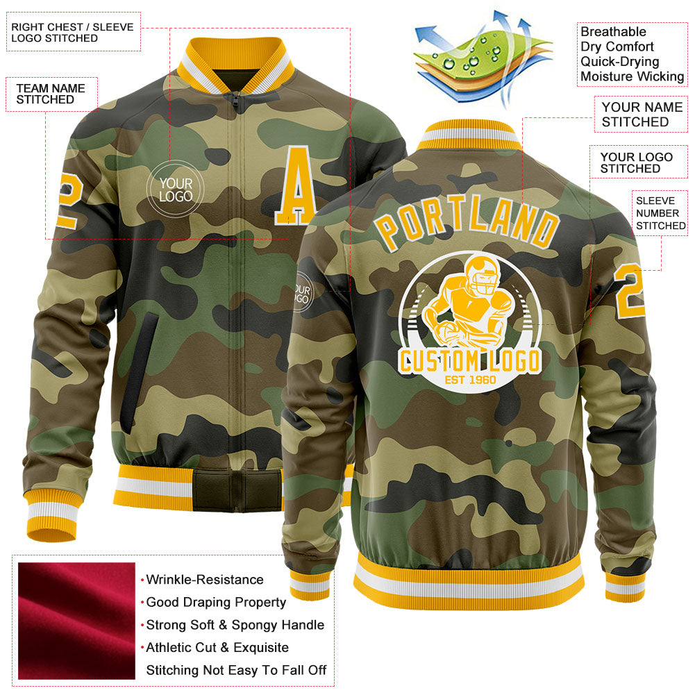 Custom Camo Gold-White Bomber Varsity Letterman Salute To Service Zipper Jacket