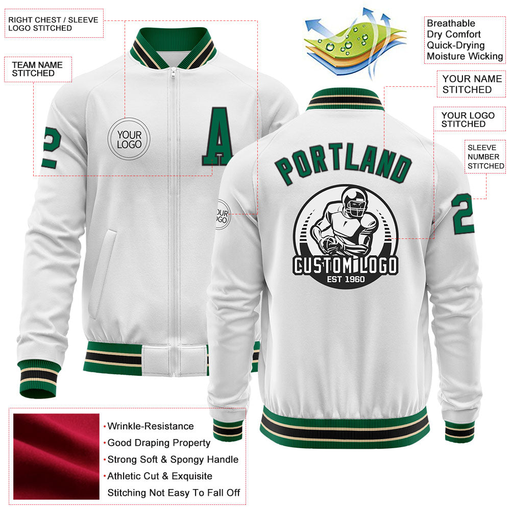 Custom White Kelly Green Black-Cream Bomber Varsity Letterman Zipper Jacket