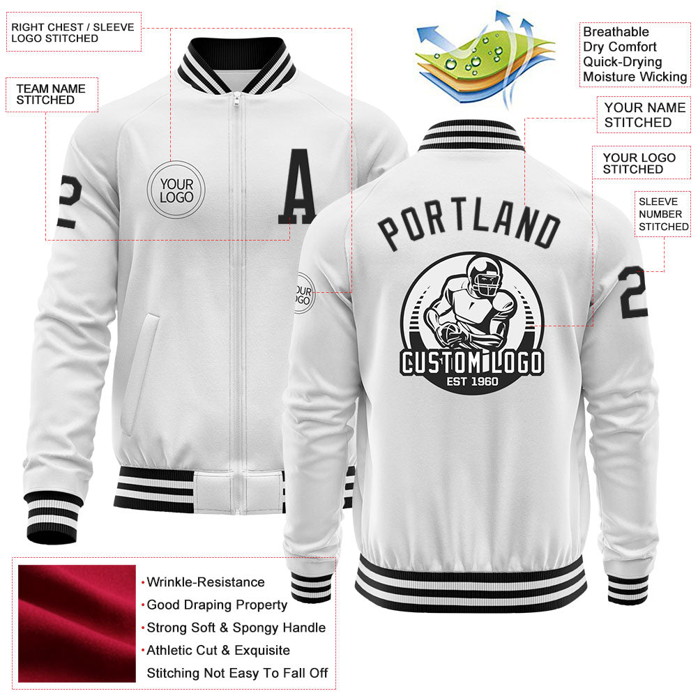 Custom White Black Bomber Varsity Letterman Zipper Jacket