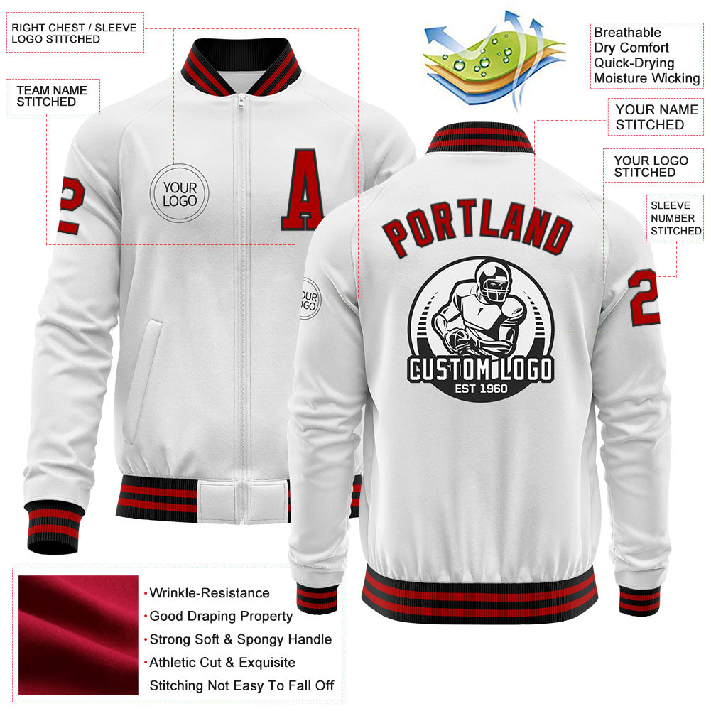 Custom White Red-Black Bomber Varsity Letterman Zipper Jacket