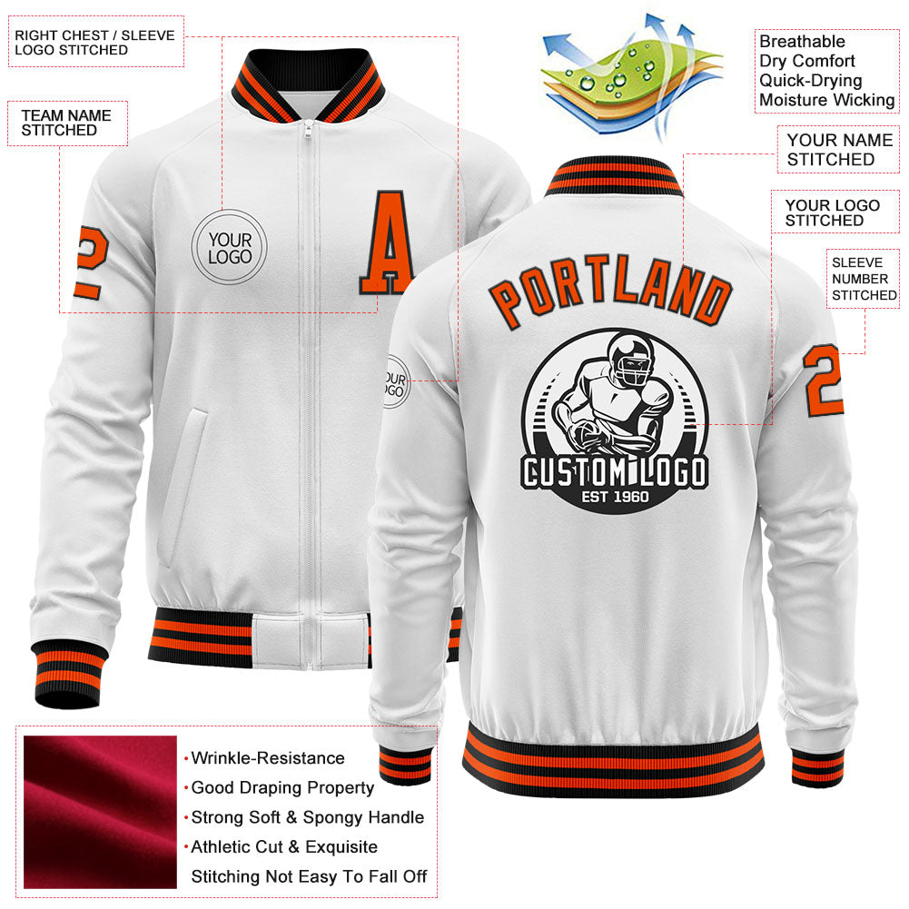 Custom White Orange-Black Bomber Varsity Letterman Zipper Jacket