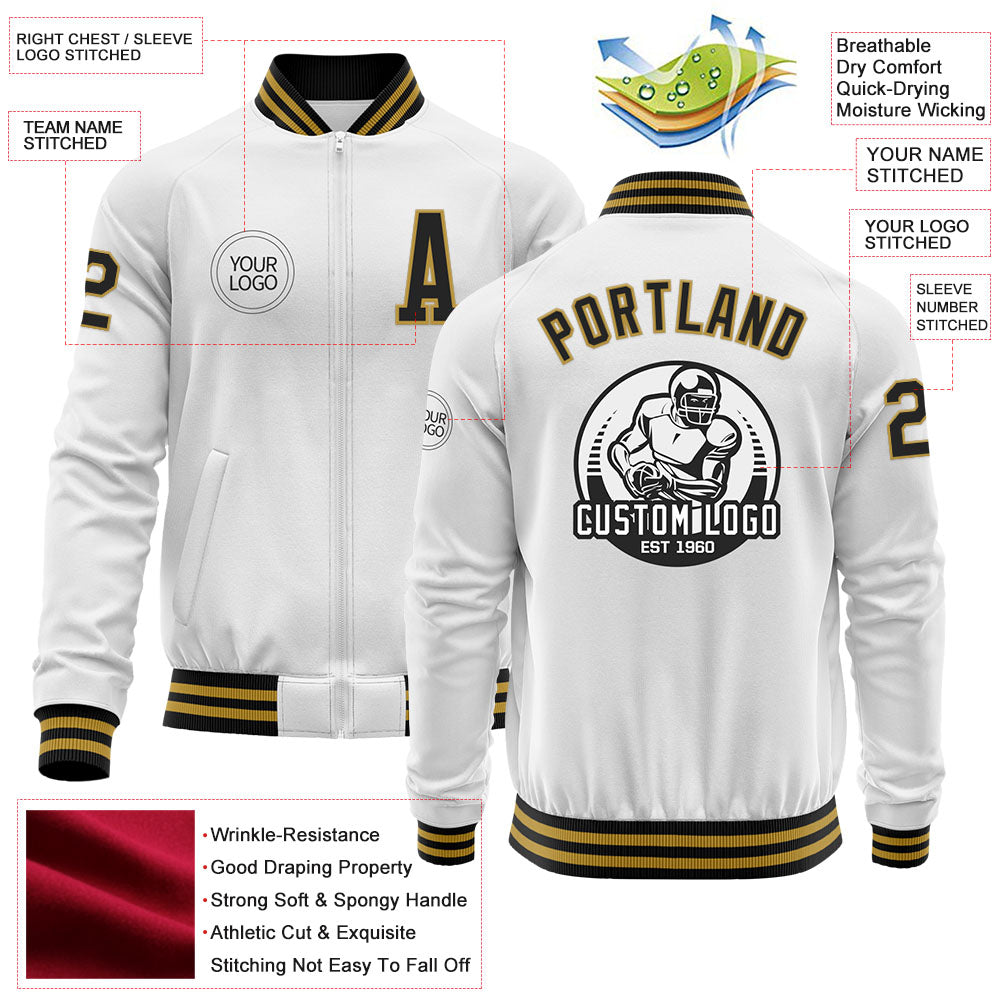 Custom White Black-Old Gold Bomber Varsity Letterman Zipper Jacket