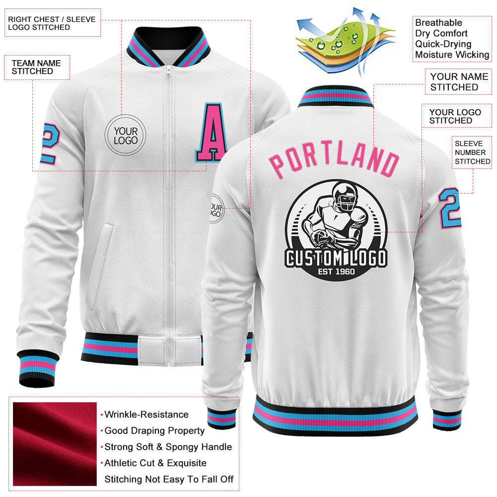 Custom White Sky Blue Black-Pink Bomber Varsity Letterman Zipper Jacket