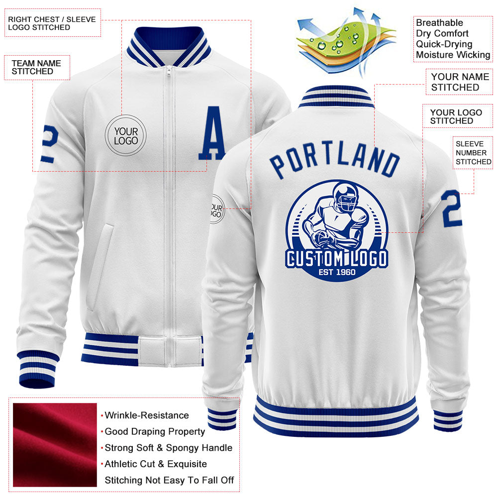 Custom White Royal Bomber Varsity Letterman Zipper Jacket