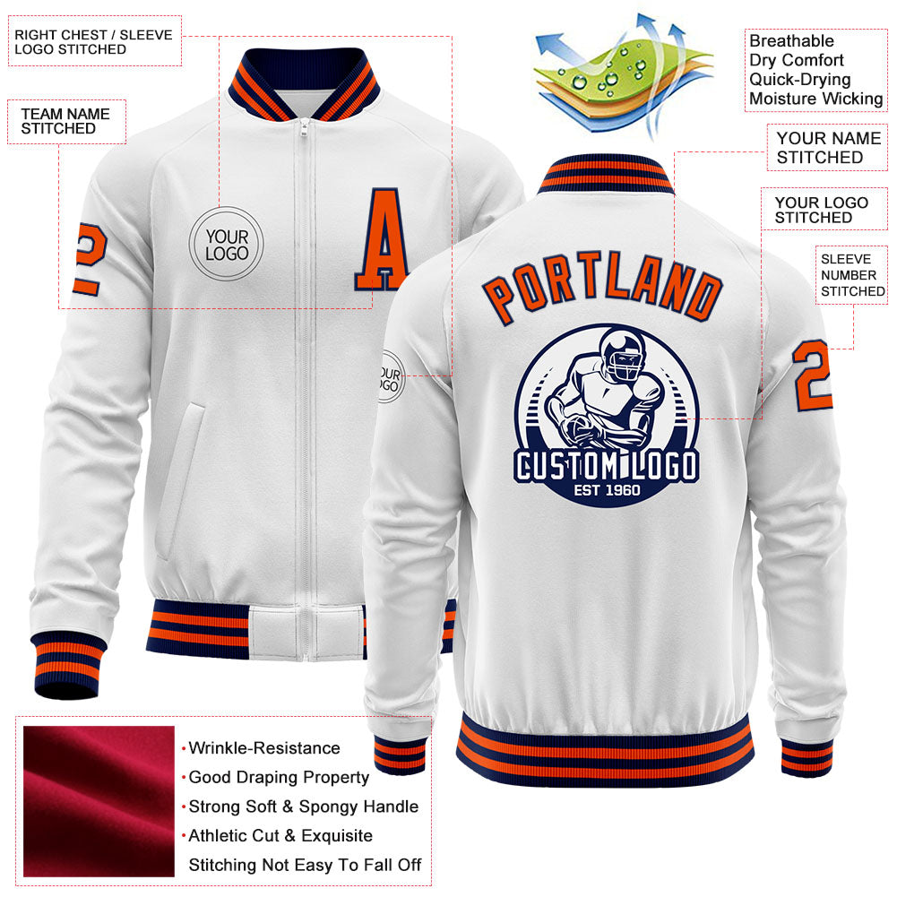 Custom White Orange-Navy Bomber Varsity Letterman Zipper Jacket