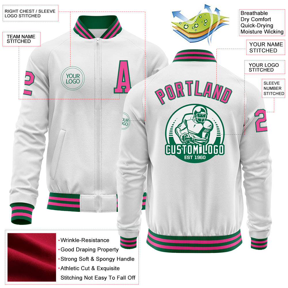 Custom White Pink-Kelly Green Bomber Varsity Letterman Zipper Jacket