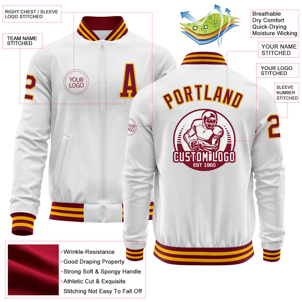 Custom White Crimson-Gold Bomber Varsity Letterman Zipper Jacket