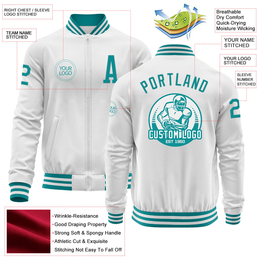 Custom White Teal Bomber Varsity Letterman Zipper Jacket