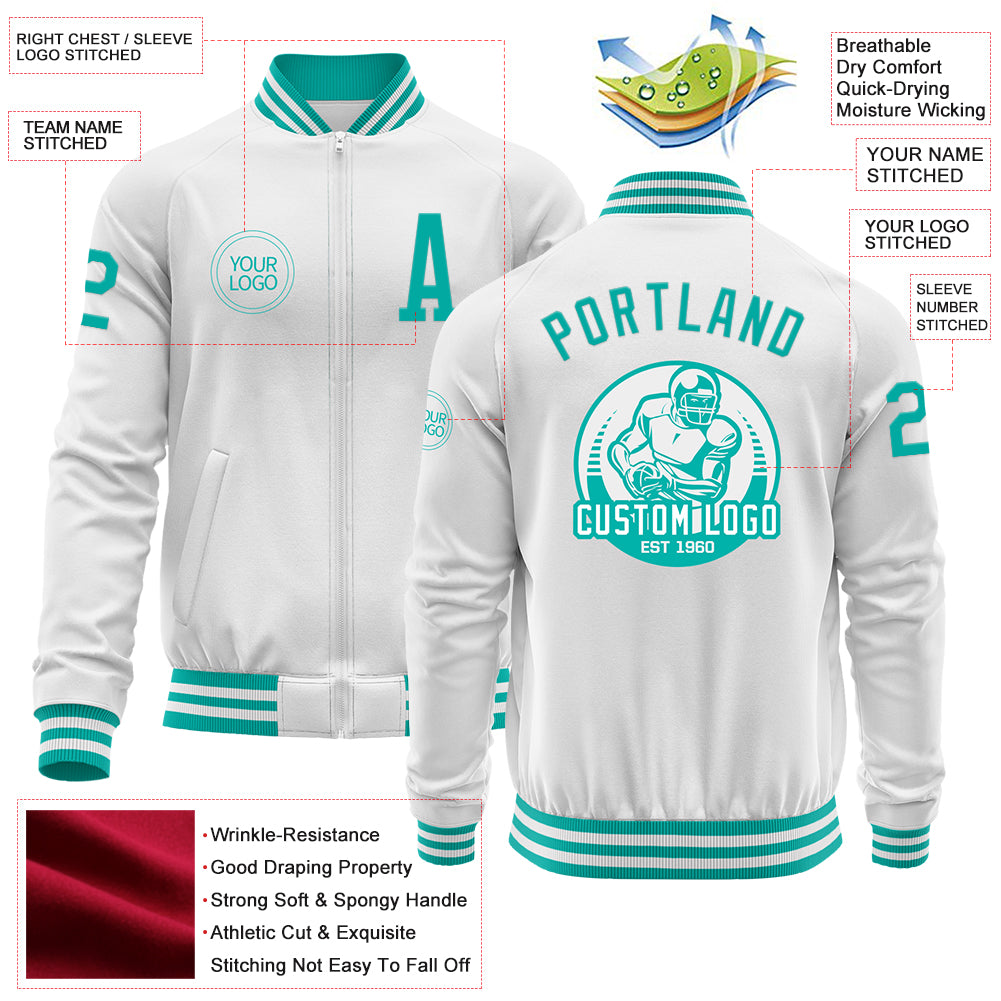 Custom White Aqua Bomber Varsity Letterman Zipper Jacket