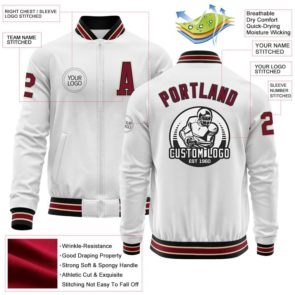 Custom White Crimson Black-City Cream Bomber Varsity Letterman Zipper Jacket