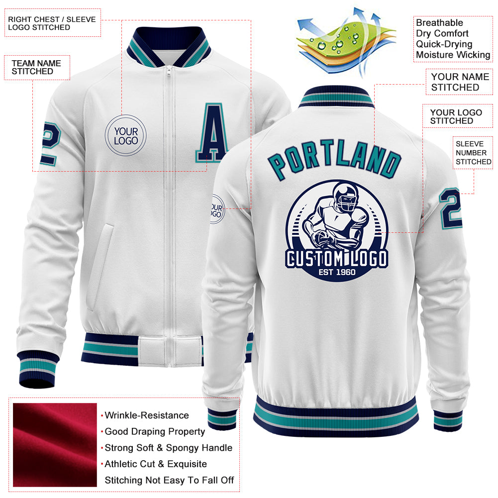 Custom White Navy Gray-Teal Bomber Varsity Letterman Zipper Jacket