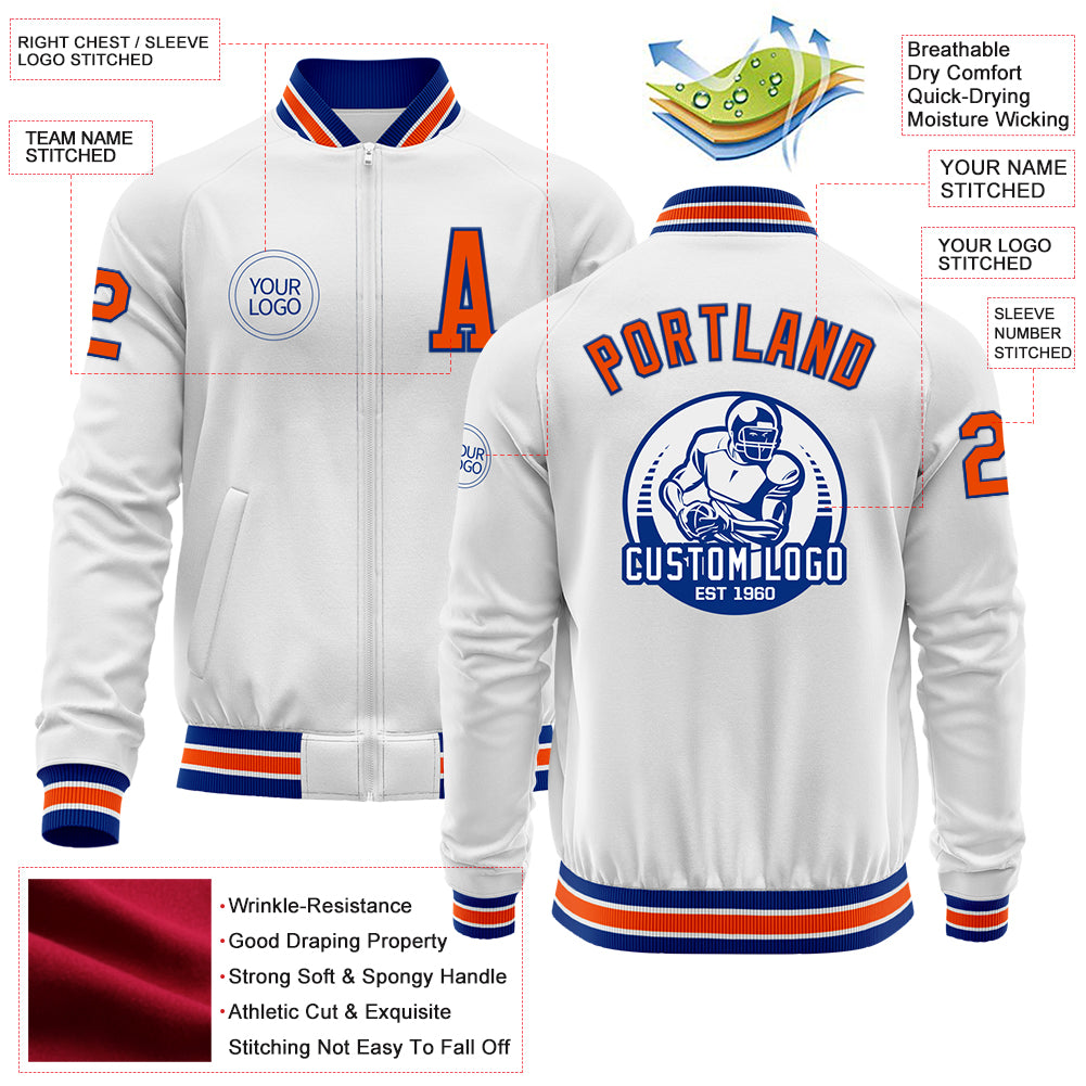 Custom White Orange-Royal Bomber Varsity Letterman Zipper Jacket