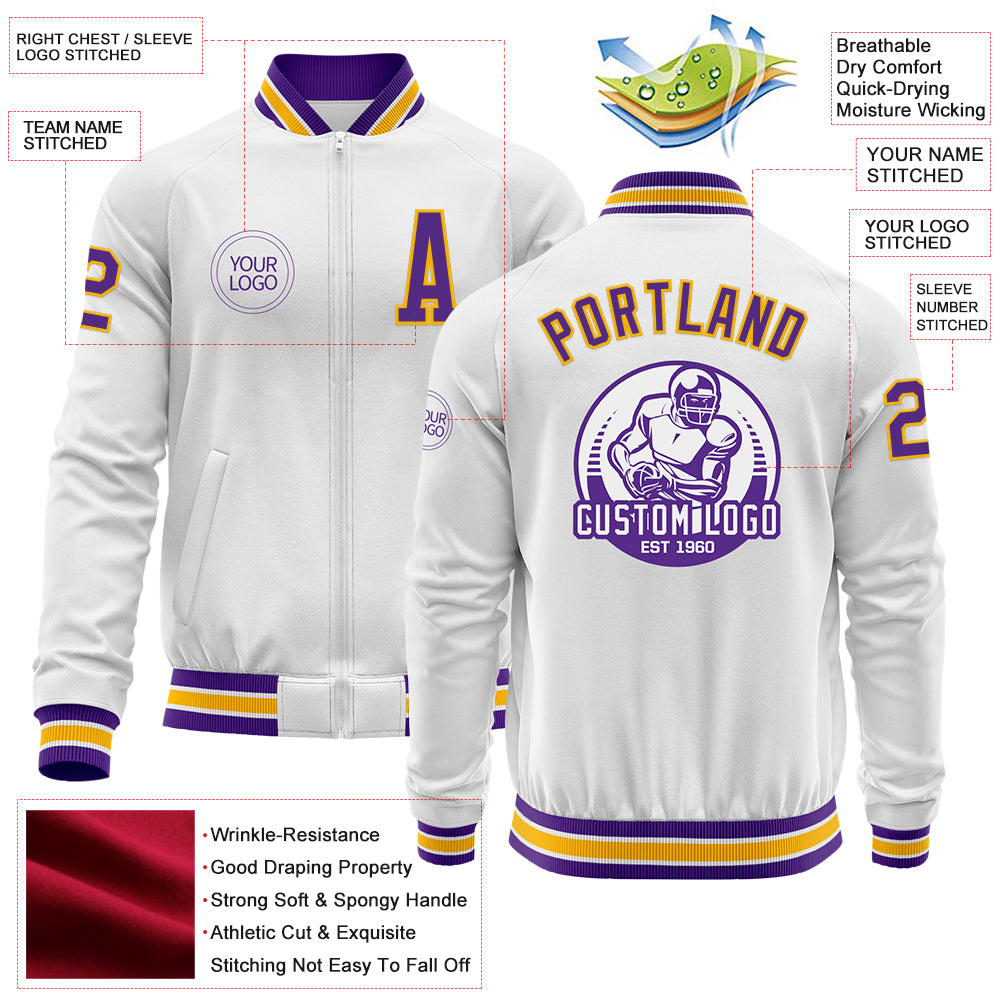 Custom White Purple-Gold Bomber Varsity Letterman Zipper Jacket