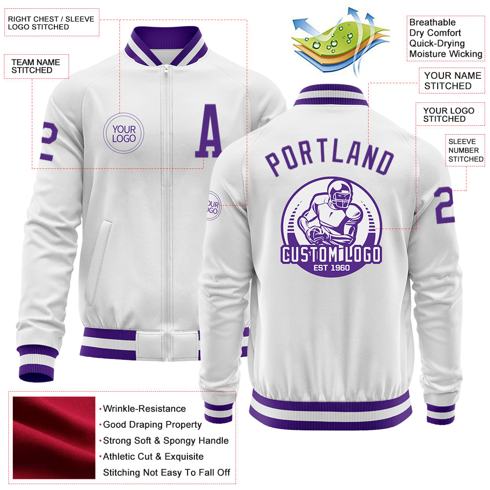 Custom White Purple Bomber Varsity Letterman Zipper Jacket