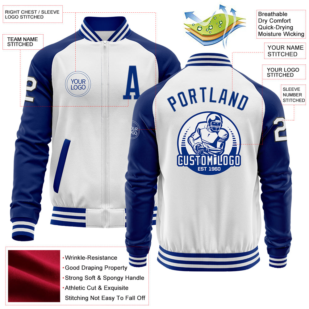 Custom White Royal Bomber Varsity Letterman Two Tone Zipper Jacket