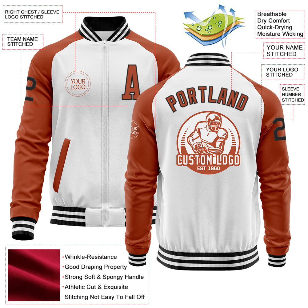 Custom White Black-Texas Orange Bomber Varsity Letterman Two Tone Zipper Jacket