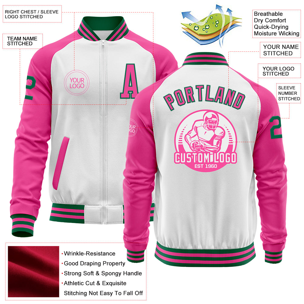 Custom White Kelly Green-Pink Bomber Varsity Letterman Two Tone Zipper Jacket