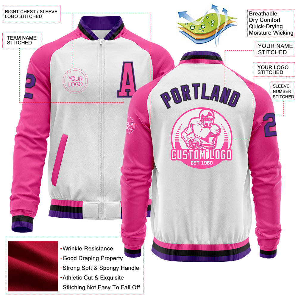 Custom White Purple Black-Pink Bomber Varsity Letterman Two Tone Zipper Jacket