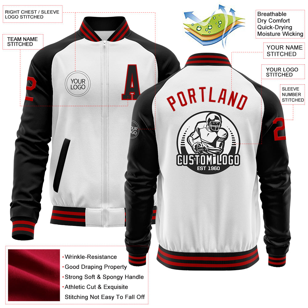 Custom White Red-Black Bomber Varsity Letterman Two Tone Zipper Jacket