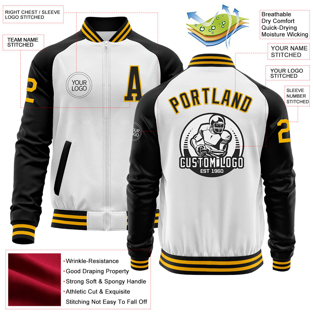 Custom White Gold-Black Bomber Varsity Letterman Two Tone Zipper Jacket