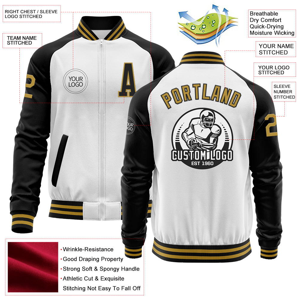 Custom White Old Gold-Black Bomber Varsity Letterman Two Tone Zipper Jacket