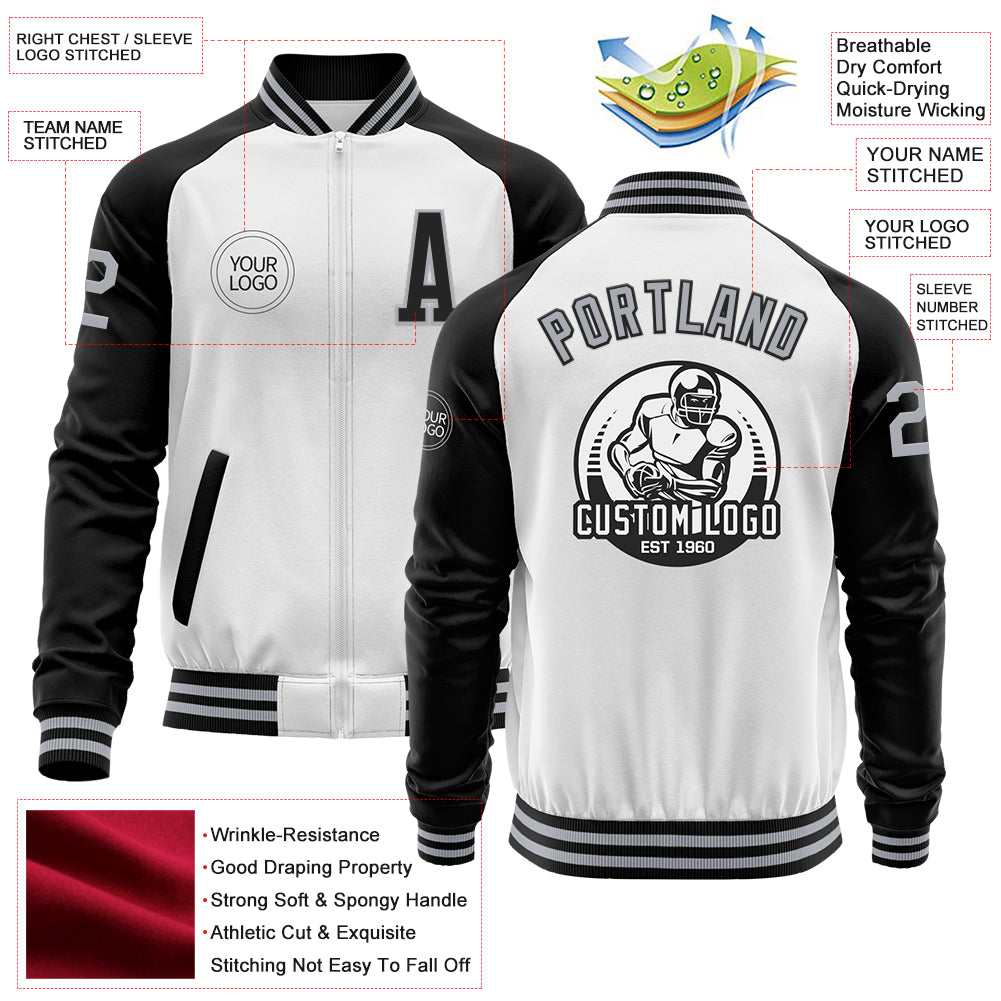 Custom White Gray-Black Bomber Varsity Letterman Two Tone Zipper Jacket