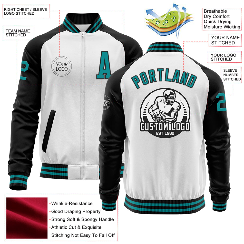 Custom White Teal-Black Bomber Varsity Letterman Two Tone Zipper Jacket