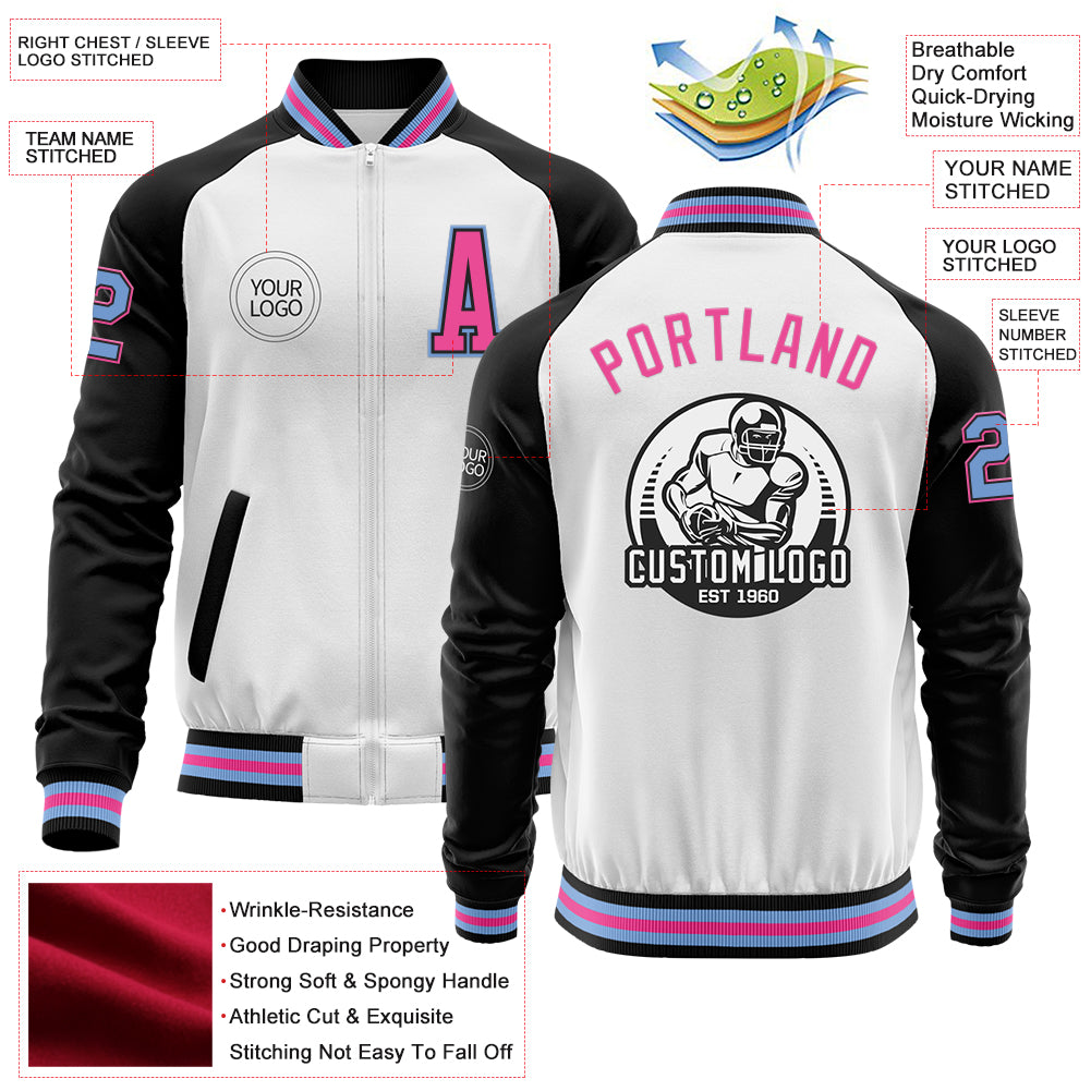 Custom White Light Blue Black-Pink Bomber Varsity Letterman Two Tone Zipper Jacket