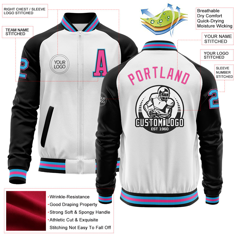 Custom White Sky Blue Black-Pink Bomber Varsity Letterman Two Tone Zipper Jacket