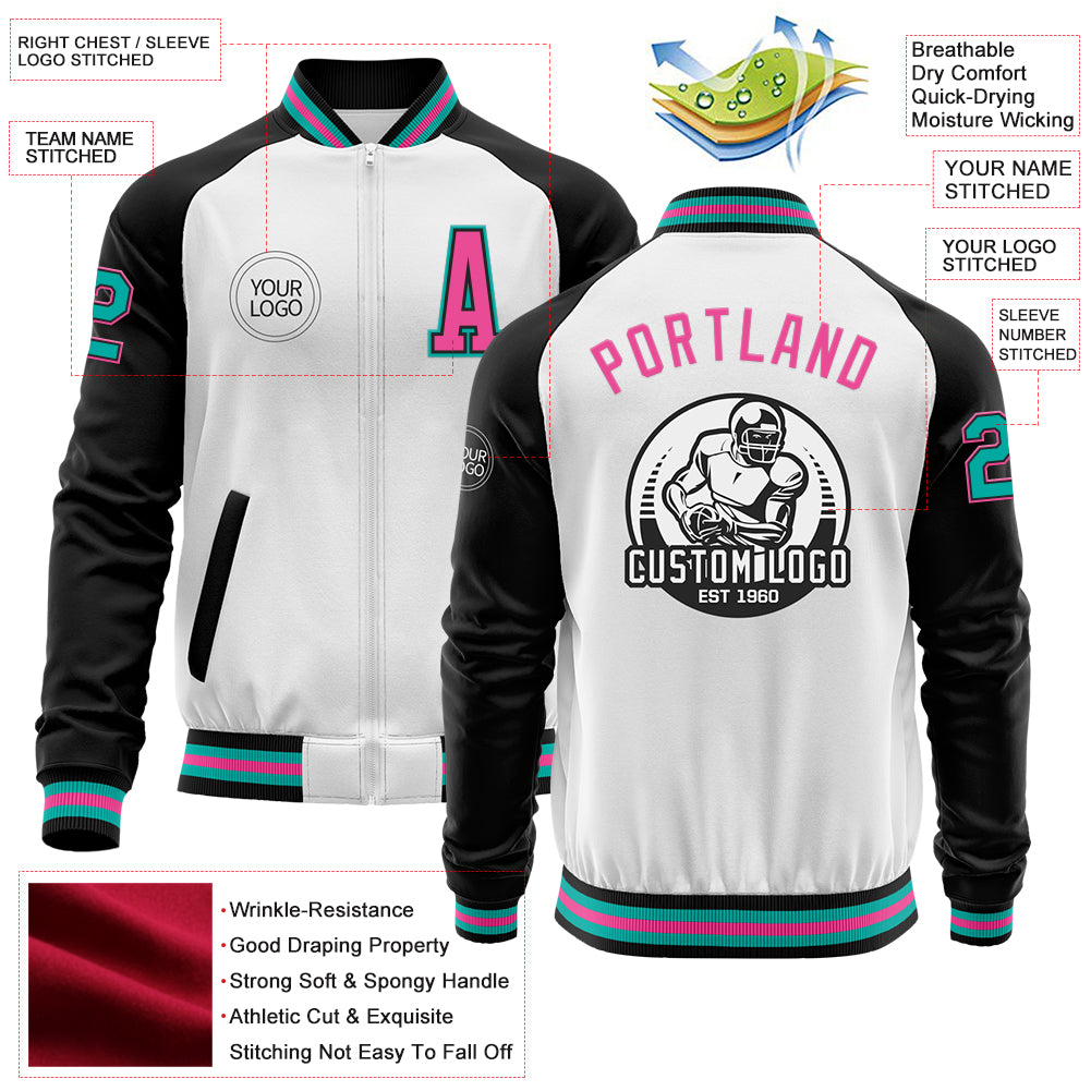 Custom White Aqua Black-Pink Bomber Varsity Letterman Two Tone Zipper Jacket