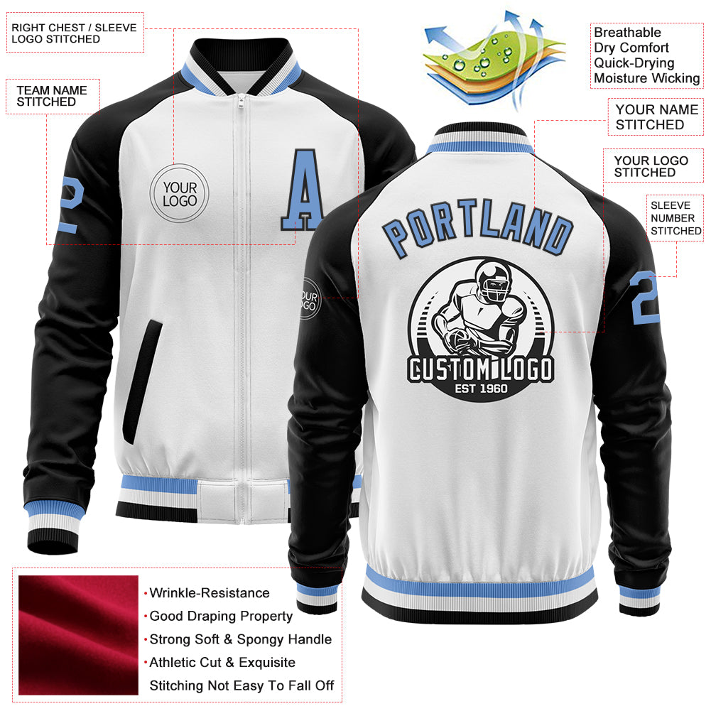 Custom White Light Blue-Black Bomber Varsity Letterman Two Tone Zipper Jacket